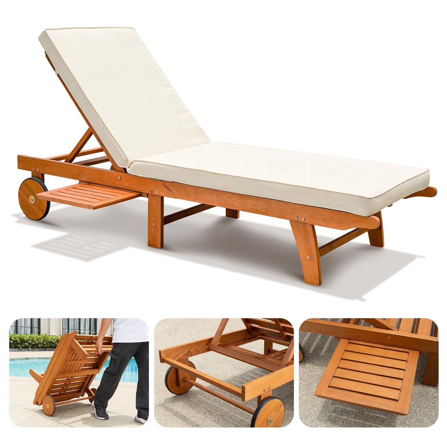 IDZO Upgraded Cushion Outdoor, 500lbs Capacity Patio Pool Loungers, Stackable and Foldable Design, Reclining Backrest, Federica Wood Chaise Lounge_Brown - WoodArtSupply