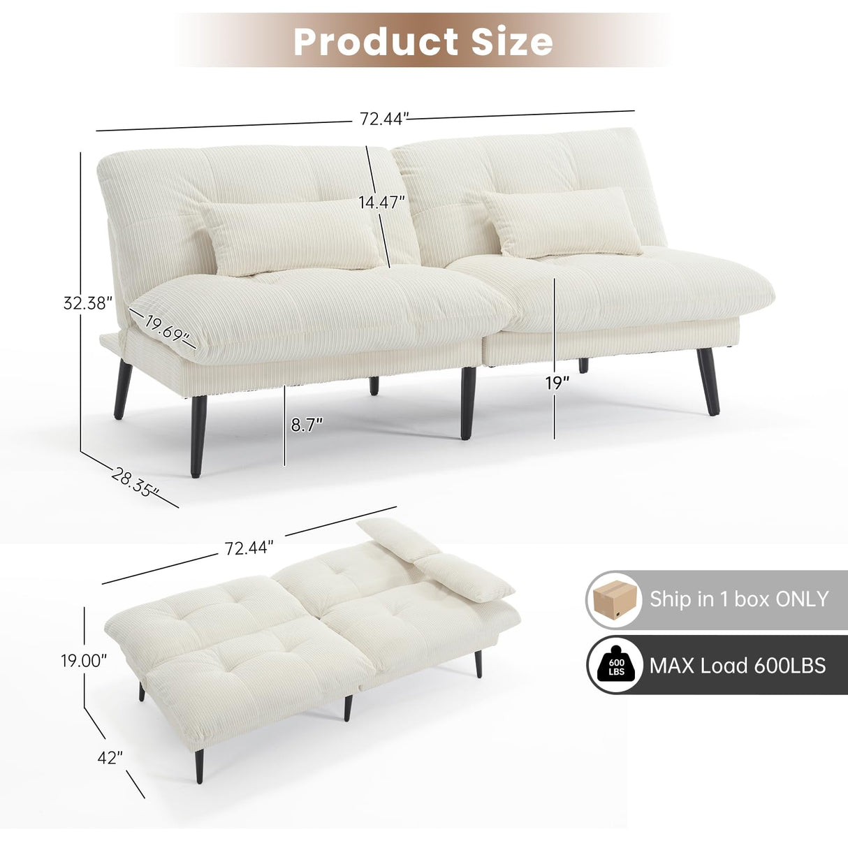 ASAHREE 72'' Corduroy Futon Convertible Sofa Couch,Comfy Sleeper Sofa Bed with Adjustable Backrest, Modern Futon Loveseat for Living Room, Bedroom, Office, Apartment, Dorm, White ASAHREE