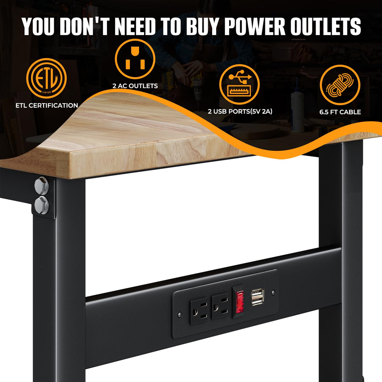 48" Adjustable Workbench with Power Outlet, Oak Hardwood Top Heavy Duty Work Bench, Wood Workbenches for Garage, Workshop, Office, Home, 2000 LBS Load Capacity Work Table HONRISE