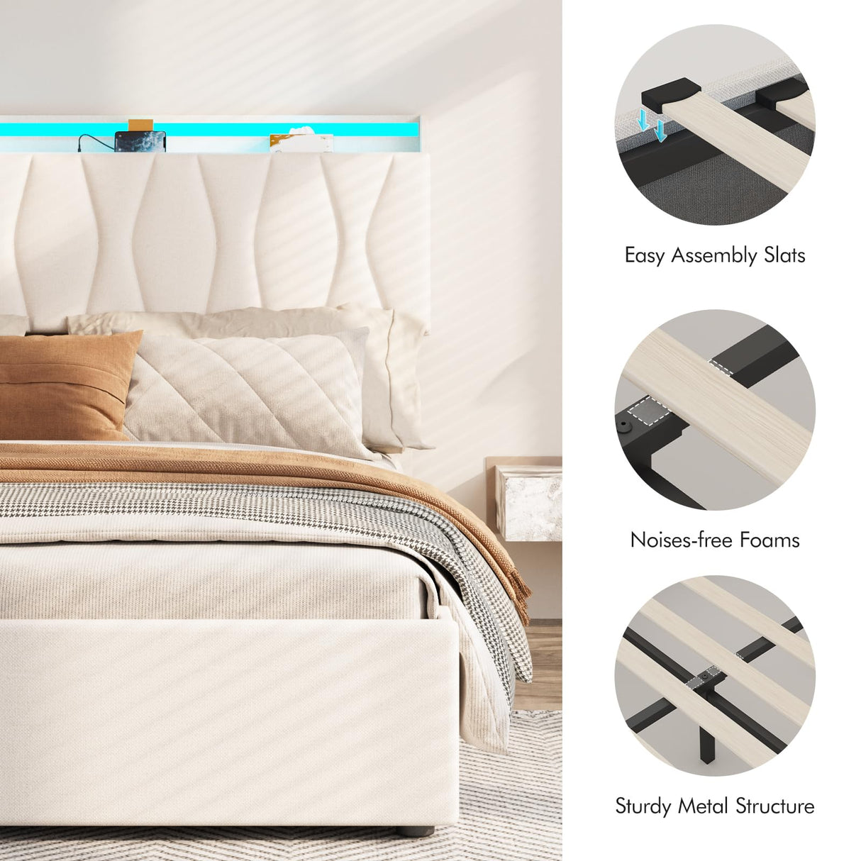 King Size Lift Up Storage Bed Frame, Height Adjustable Storage Headboard with Charging Station, LED Lights Upholstered Platform Bed, Wooden Slat, No Box Spring Needed, Noise-Free, Beige Fameill