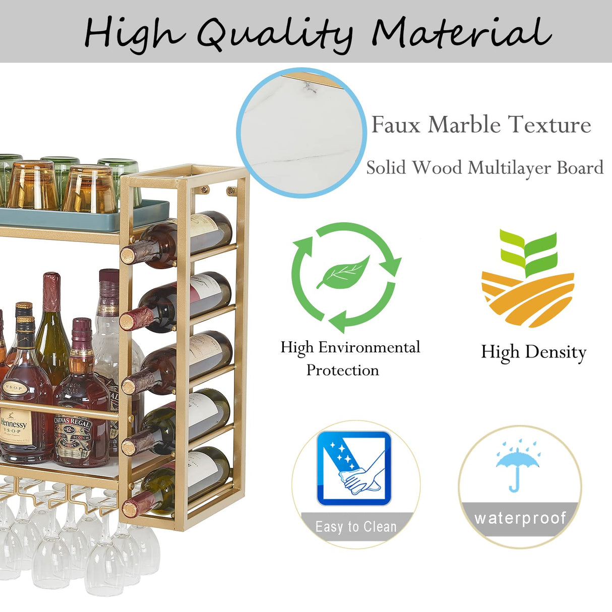 GOLASON Wall Mounted Wine Rack with Glass Holder, Metal Bottle Holder Wine Storage Display Shelf for Home Bar Dining Room Kitchen (31.5 Inch, Gold) GOLASON