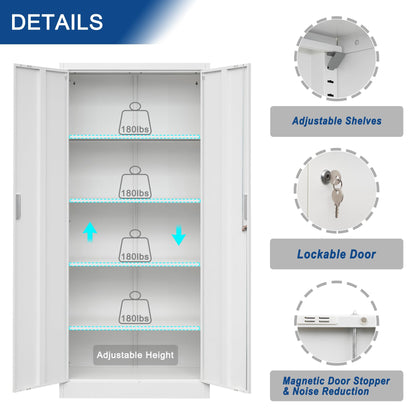 iDEKAI Metal Storage Cabinet with Lock, 72" Garage Storage Cabinets with 2 Lockable Doors and 4 Adjustable Shelves,Tall File Cabinet, Tool Cabinet for Office,Home,Garage,Gym,School (White)