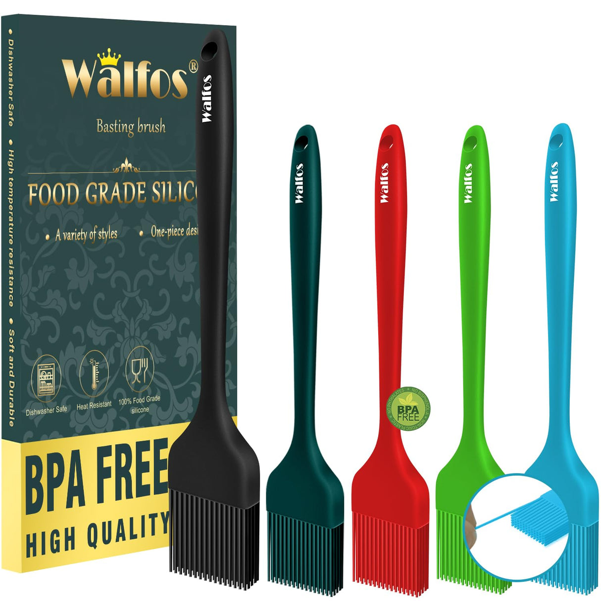 Walfos Silicone Basting Brush Set, 5 Pieces Heat Resistant Pastry Brush, Perfect for Baking,BBQ Grill,Kitchen Cooking,Strong Steel Core and One-Pieces Design,BPA Free and Dishwasher Safe Walfos