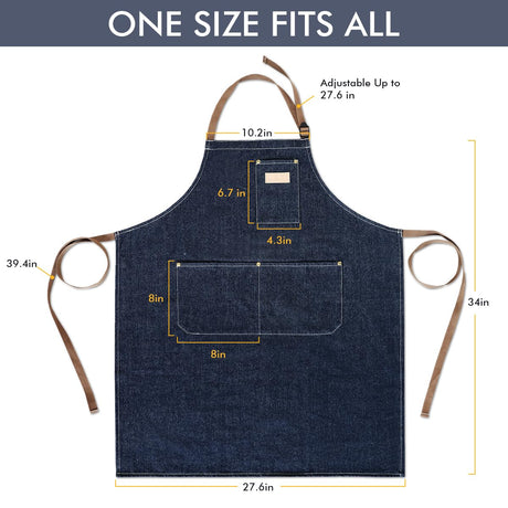 ROTANET Denim Work Apron with 3 Pockets Jean Shop Aprons for Chef Hairstylist Kitchen Woodworking for Men Women Blue ROTANET