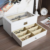 MyGift Deluxe White Wood Sunglasses Organizer, Eyewear Display Box, 2 Layer Storage Case with Glass Lid and Leatherette Trim, Holds up to 12 Pairs of Glasses MyGift