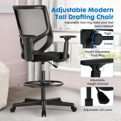 Drafting Chair - Tall Standing Office Desk Chair with Adjustable Foot Ring, Chair with Ergonomic Lumbar Support, Adjustable Height, Breathable Mesh