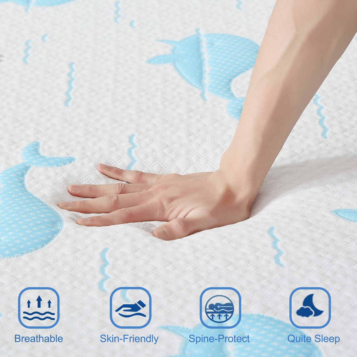 OUUI 6 Inch Full Mattress, Removable Washable Cover with Whales Pattern Cooling Memory Foam Medium Feel, Bed-in-a-Box, CertiPUR-US Certified, White/Blue OUUI