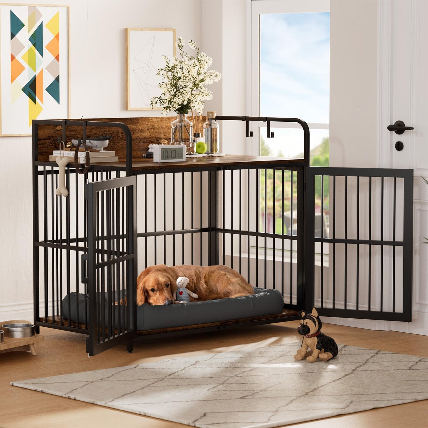 VONZOY Large Dog Crate Furniture for Large Dogs, 43" Wooden Heavy Duty Dog Kennel with Double Doors, Decorative Pet House Dog Crates Side End Table Indoor(43.3" W×27.6" D×28.3" H) - WoodArtSupply