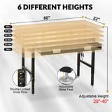 MUWOOD 60" Workbench with Drawers, Adjustable Height Work Bench 2000 LBS Heavy-Duty Work Table Rubber Wood Work Station with Power Outlet & Pegboard for Garage, Office, Workshop, Home, Party Shop MUWOOD