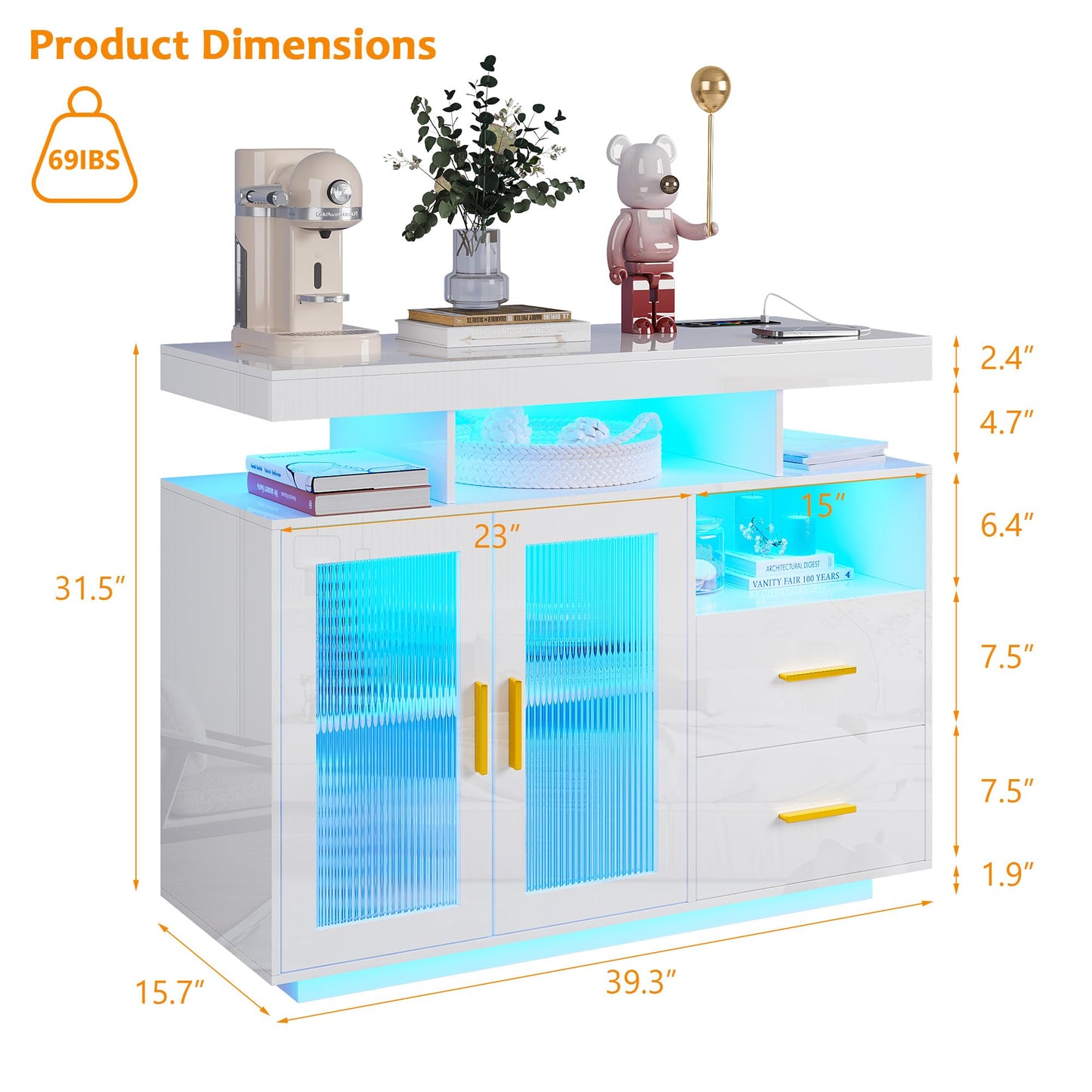 SKKTKT Set of 2 LED Sideboard Buffet Cabinet, 79" Large Coffee Bar Cabinet with Charging Station, High Gloss Kitchen Storage Cabinet with Auto Sensor 24-Color Lights for Dinning Room (White) - WoodArtSupply