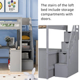 Merax Wood Full Size Loft Bed Frame with Built-in L Shaped Desk & 3 Storage Shelves & Attached Storage Stairs for Kids, Full-Length Guardrail, No Box Spring Needed, Grey Merax