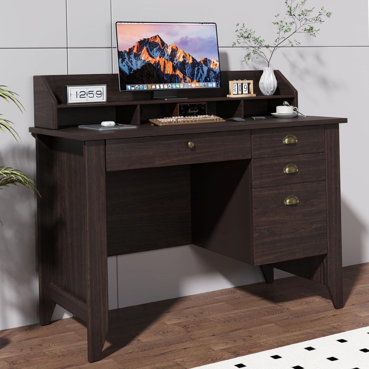 4 EVER WINNER Office Desk with File Drawer, 47 Inch Computer Desk with Drawers and Monitor Stand, Writing Desk for Bedroom, Study Table for Small Spaces, Coffee