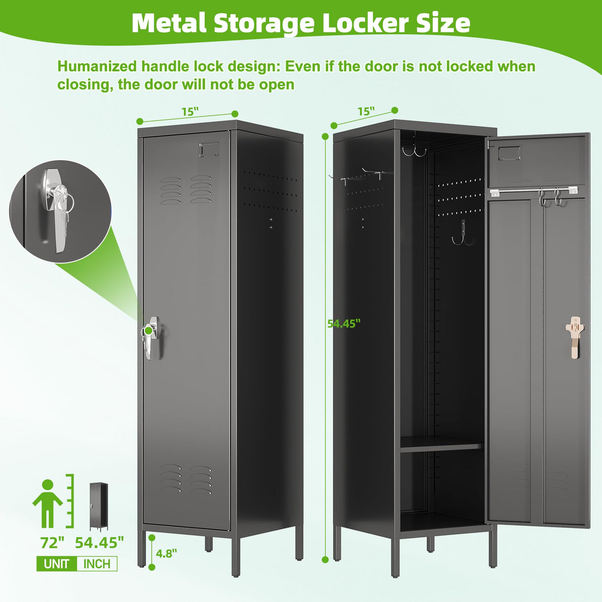 SUPEER 1 Door Metal Storage Lockers with Handle and Hanging Rod,Metal Locker for Employees with Pegboard and Hooks for Home,Office,Gym, School, Garage,Assembly Required,Black SUPEER