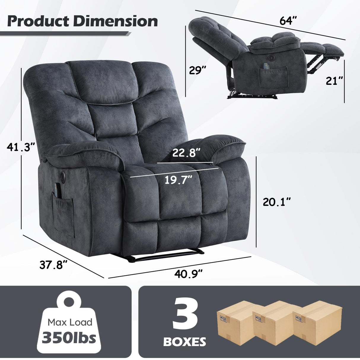 HAOMARKETS Oversized Electric Recliner Chair with Massage and Heat, 41" Wide Power Reclining Chairs with USB Port, Breathable Fabric Overstuffed Reclining Sofa for Living Room Bedroom (No Lift) HAOMARKETS