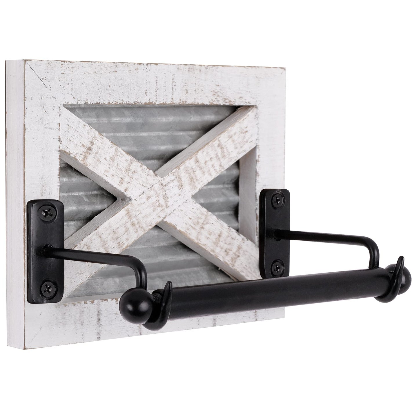 Autumn Alley White Farmhouse Toilet Paper Holder Wall - Farmhouse Bathroom Decorative Accessories Country - White Washed Wood, Galvanized Metal & Matte Black Metal - Adds Rustic Bathroom Charm