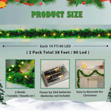 2 Pack Christmas Garland with Lights, Total 38 Feet 80 Led Battery Operated Pre-Lit Long Garland for Stairs Railing Fireplace Mantle Office Door Frame Decor Green Greenery Indoor Outdoor Decorations UZKEW