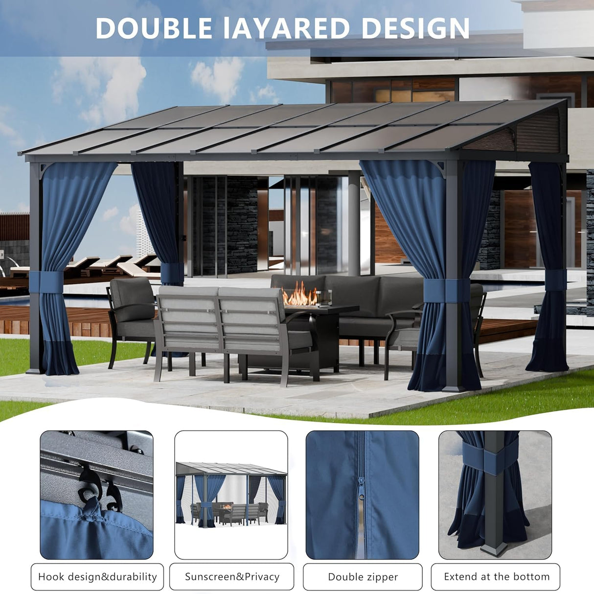 10x14FT Gazebo, Hardtop Wall Mounted Gazebo with Sloping Sun Panel Roof, Awnings for Patio with Metal Frame, Double Curtains for Garden, Lawn, Backyard Deck, Sand ASJMR