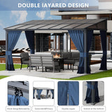 10x14FT Gazebo, Hardtop Wall Mounted Gazebo with Sloping Sun Panel Roof, Awnings for Patio with Metal Frame, Double Curtains for Garden, Lawn, Backyard Deck, Sand ASJMR