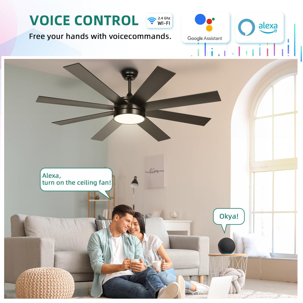 YITAHOME 60 Inch Black Ceiling Fan with Lights and Remote,8 Blades,App Control, Modern Smart Ceiling Fan Compatible with Alexa for Indoor, Reversible Quiet Motor, Memory Function YITAHOME