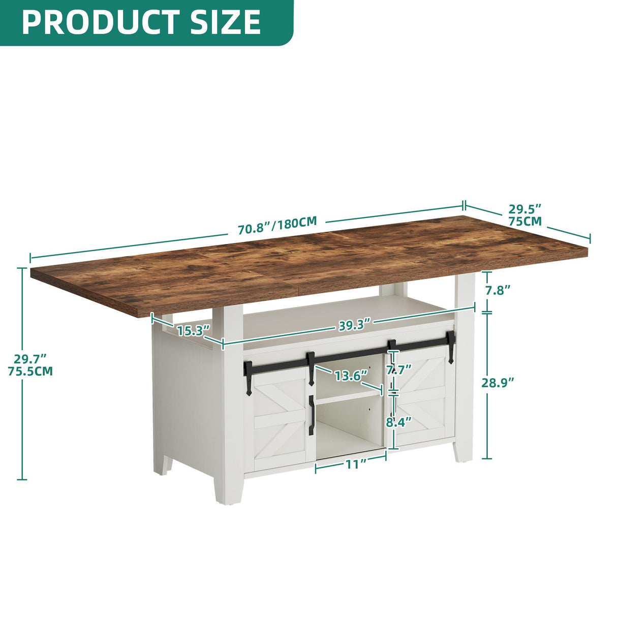 DWVO 70 Inches Rectangle Dining Table for 6-8 People Farmhouse Kitchen Table Large Dinner Table with Storage Cabinet Rustic Wooden Table for Dining Room Kitchen Apartment Resturant, White DWVO