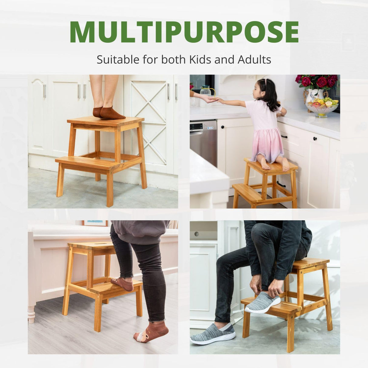 BEEFURNI 2 Step Wood Stool, Wooden Stepping Stools for Adults & Kids 350 lbs, Kids Stepping Chair, Bathroom, Bedroom Bench, Closet Climbing Chair, Easy to Assemble, 1 Year Manufacturer Warranty BEEFURNI