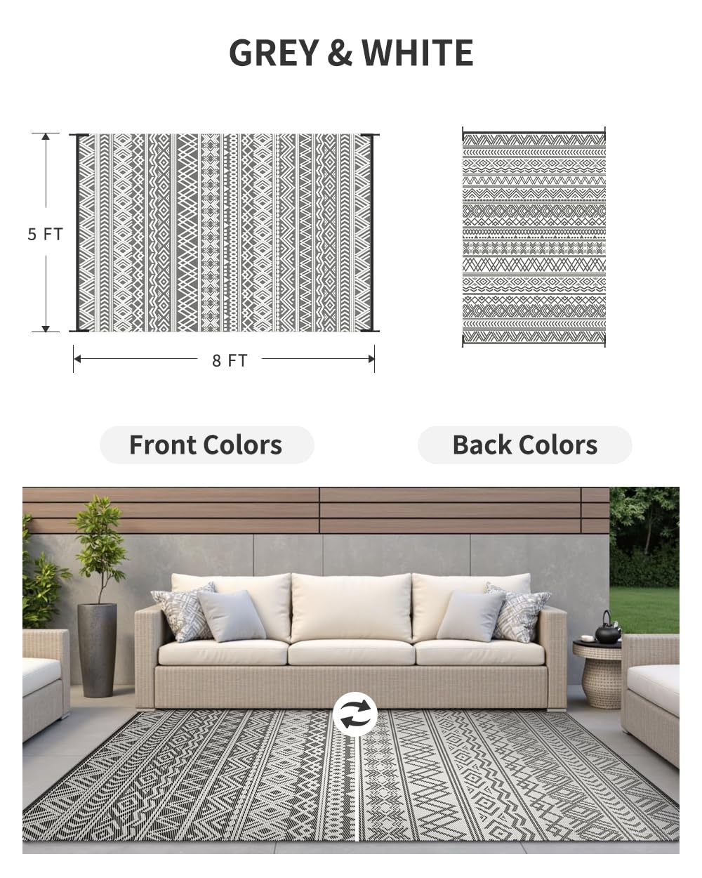 MontVoo Outdoor Rug Carpet Waterproof 5x8 Outdoor Patio Rug Mat Reverisble Plastic Straw Outdoor Rug for RV Camping Picnic Beach Balcony Boho Grey MontVoo