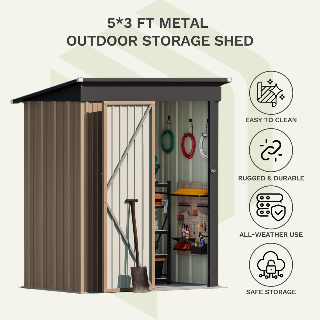 Patiolife 5x3 FT Outdoor Storage Shed, Small Tool Metal Shed with Lockable Door & Sloping Roof, Garden Shed for Backyard Patio Lawn, Brown Patiowell