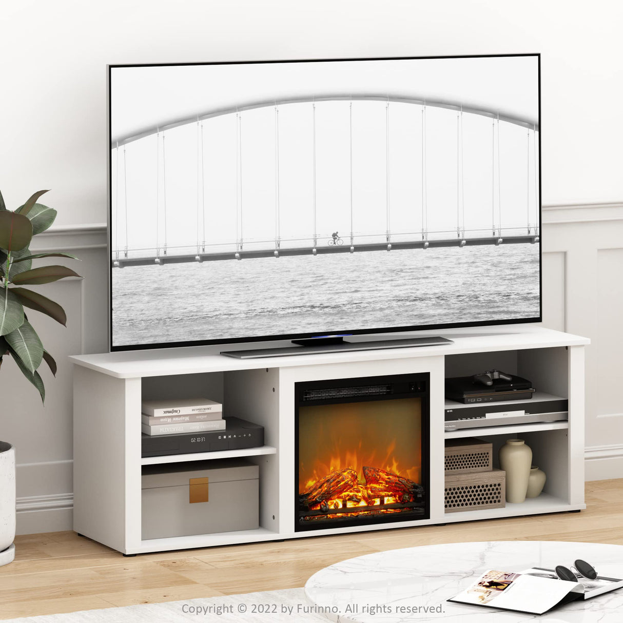 Furinno Classic 70 Inch TV Stand with Fireplace, Solid White Furinno