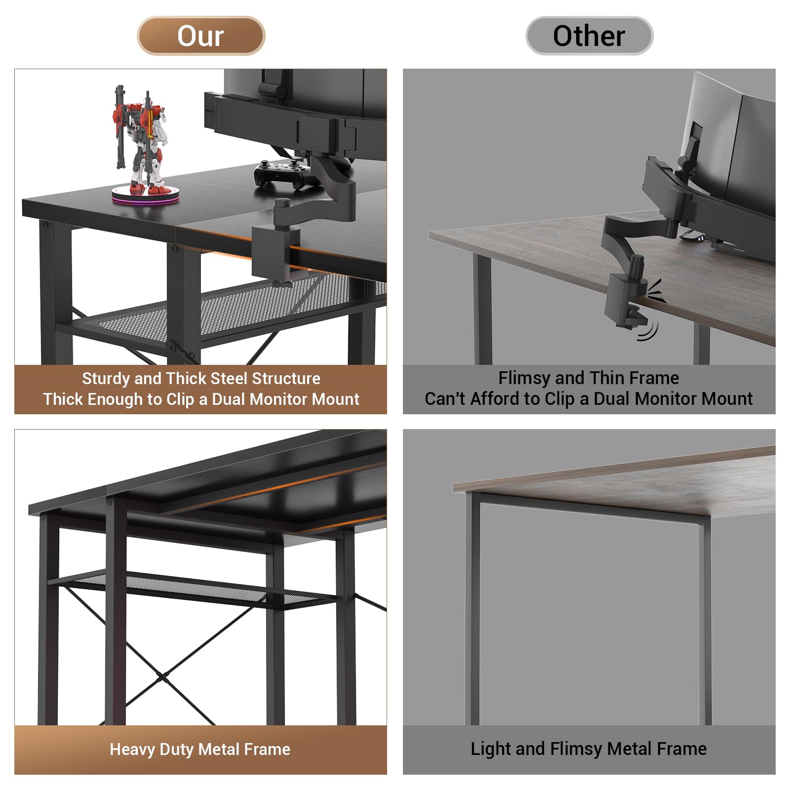 armocity Computer Desk with LED Lights, 48 Inch Reversible Large Desk with Power Outlet and USB, 48'' Gaming PC Table with Moveable Monitor Stand for Home Office, Workstation, Black - WoodArtSupply