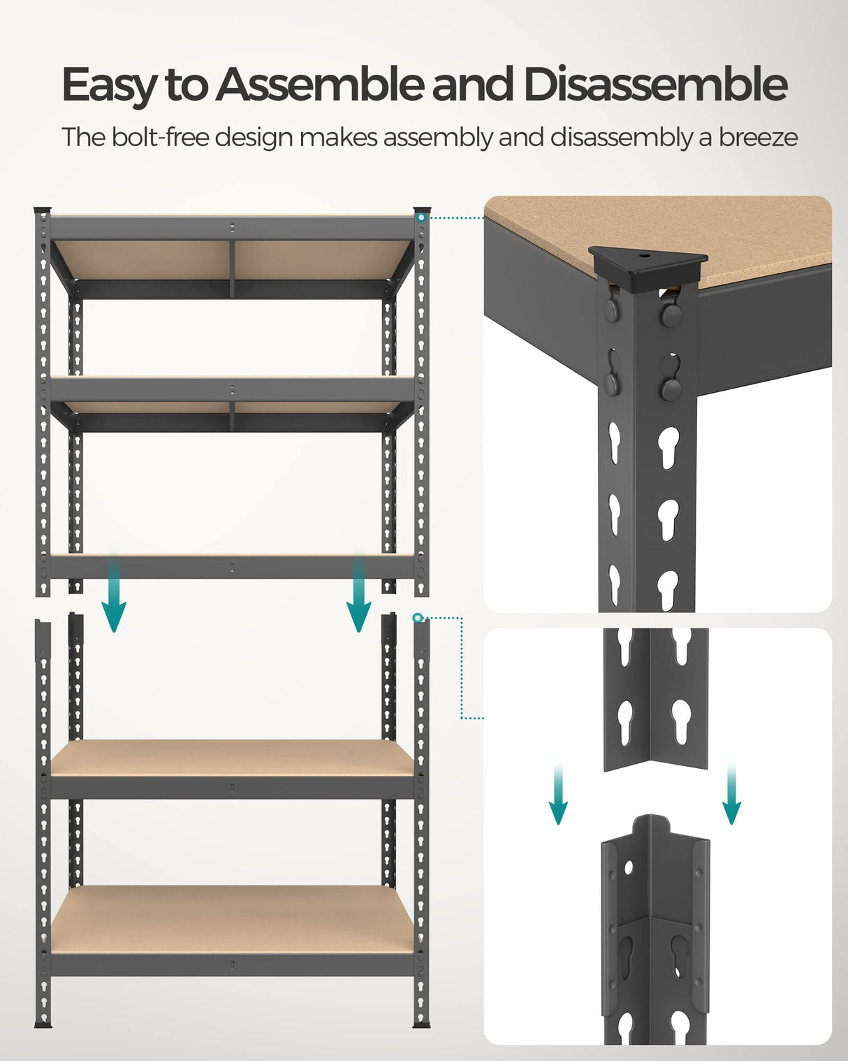 SONGMICS 5-Tier Storage Shelves, Garage Storage, Boltless Assembly, Adjustable Shelving Unit, 17.7 x 35.4 x 70.9 Inches, Load 1929 lb, for Shed Warehouse Basement Kitchen, Gray UGLR450G01 SONGMICS