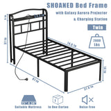 SHOANED Twin Size Metal Bed Frame - 14 Inch Heavy Duty Bedframe with Headboard & Charging Station Basic Steel Slats Platform with Galaxy Aurora Projector No Box Spring Needed, Noise-Free SHOANED