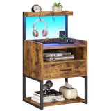 VIAGDO Rustic Brown Nightstands Set of 2 with Charging Station and LED Lights, LED Night Stand Set 2 with Drawer, Rustic End Side Table with Open Storage Shelves, Bedside Tables for Bedroom, Office VIAGDO