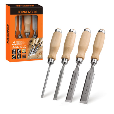 Jorgensen 4-Piece Wood Chisel Set, Chromium Alloy Steel Beveled Edge Wood Chisels, Wood Chisels for Woodworking, Ergonomic Hardwood Handle with Metal Ferrule, 1/4", 1/2", 3/4", 1"