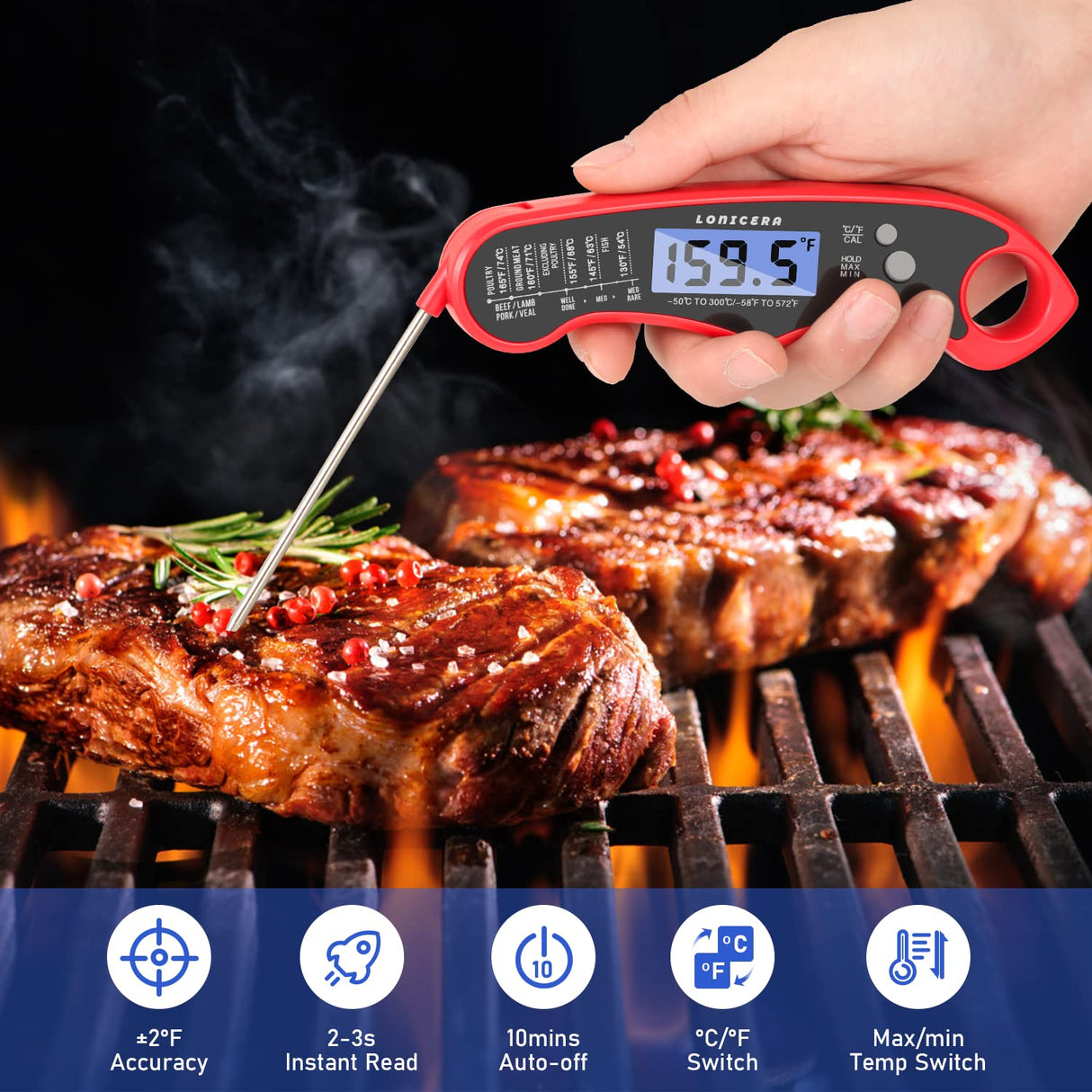 Lonicera Digital Meat Thermometer for Food Cooking. Waterproof & Instant Read for Kitchen Baking, BBQ. with Foldable Probe, Backlight & Calibration (Red) LONICERA