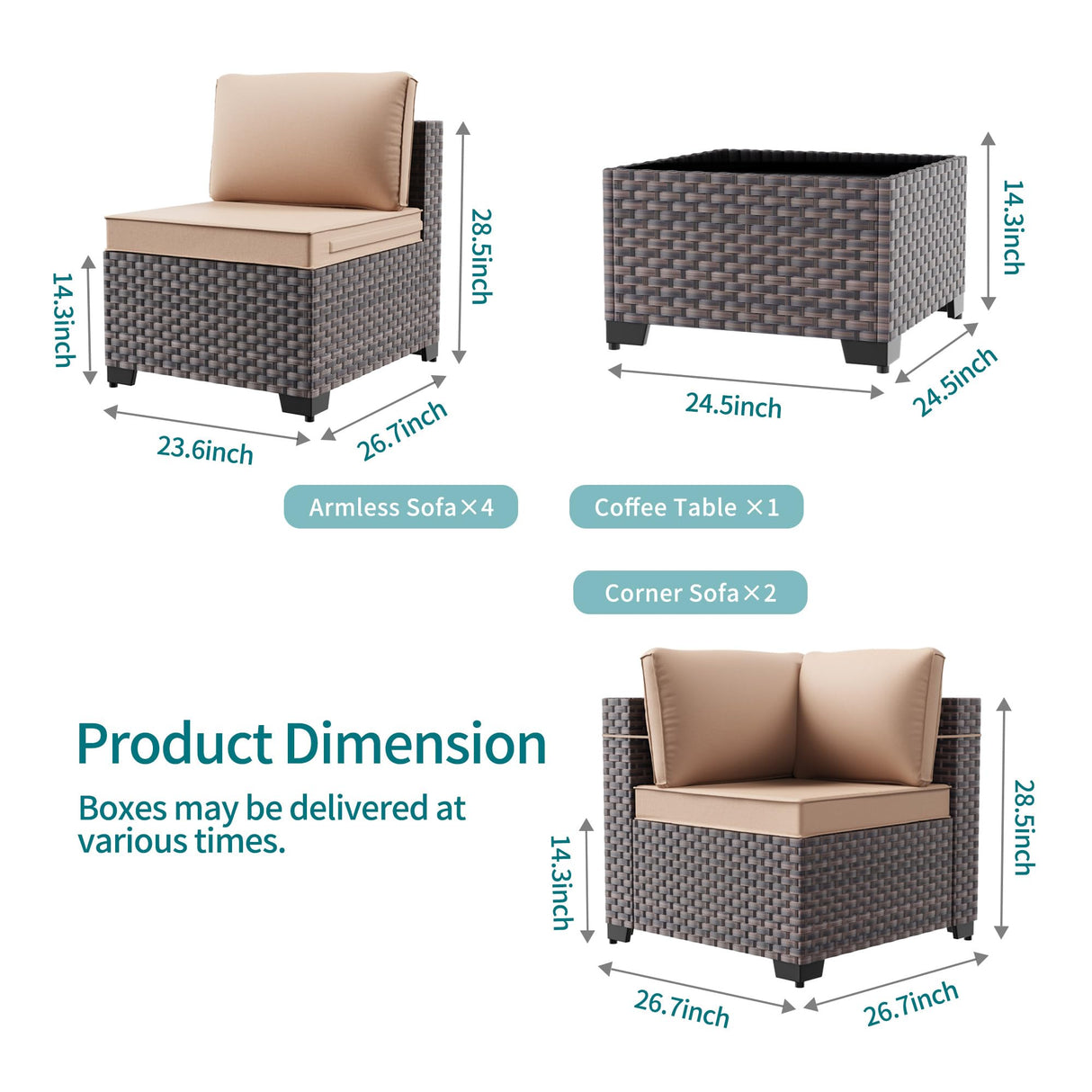 Halmuz 7 Piece Patio Furniture Set Outdoor Conversation Sofa Set, High Back Wide PE Rattan Wicker Sectional Furniture Patio Sofa w/Tempered Glass Top Table&Thickened Cushions(Sand) Halmuz