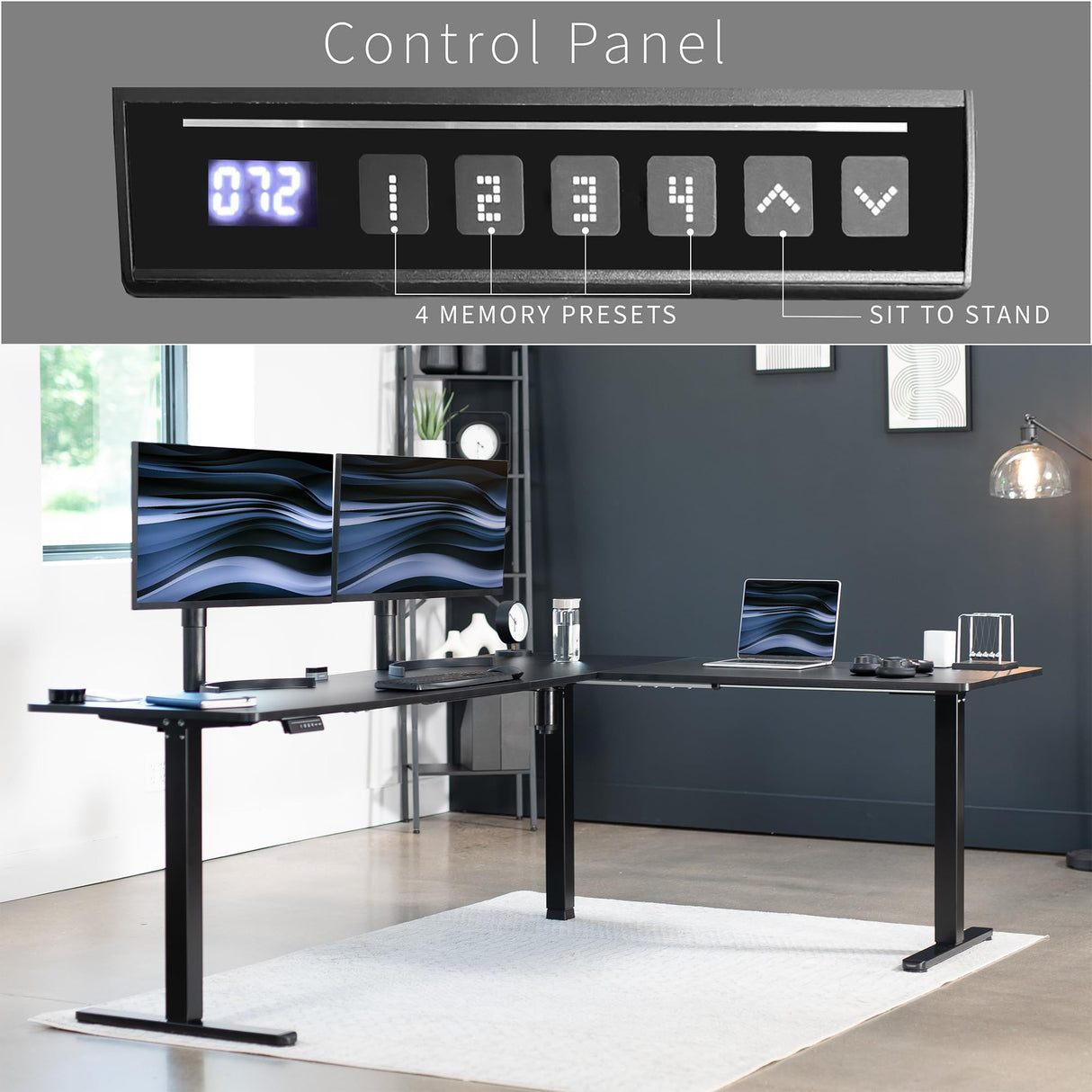 VIVO Electric Corner L-Shaped 84 x 63 in Standing Desk, Memory Height Adjustment, Black Top Black Frame, DESK-E3CTBB-84 VIVO