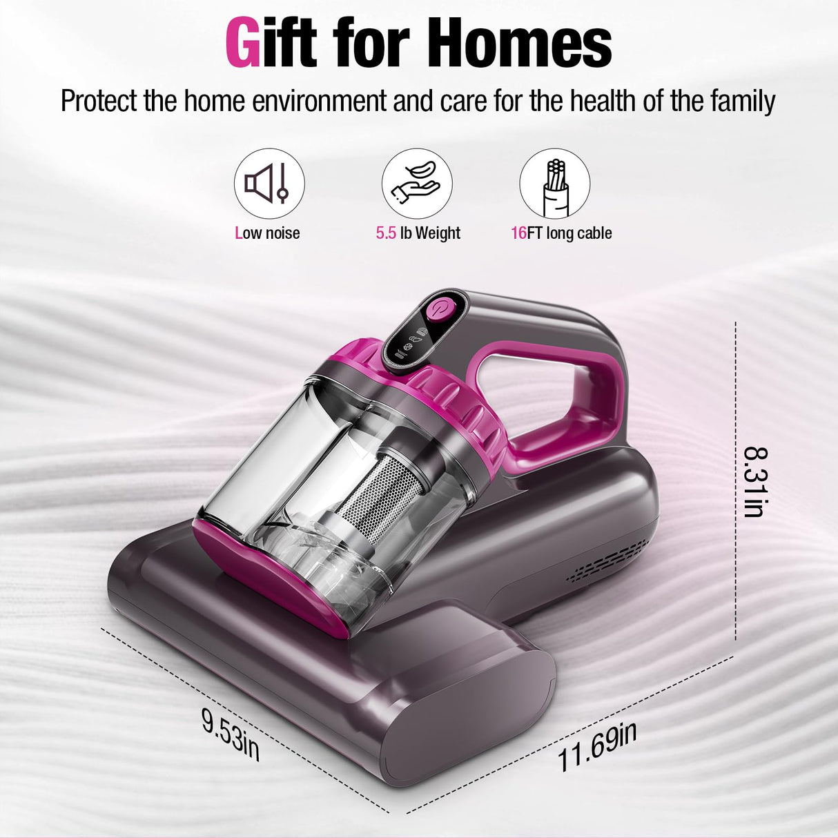 BYHUME Mattress Vacuum Cleaner, 17Kpa 650W Bed Vacuum Cleaner, 273nm UV-C Light & Ultrasonic 145°F Heating, 80000 RPM/Min Brushroll Rotation, Wide Suction Port for Pillows Cribs Sofa, Black Corded BYHUME