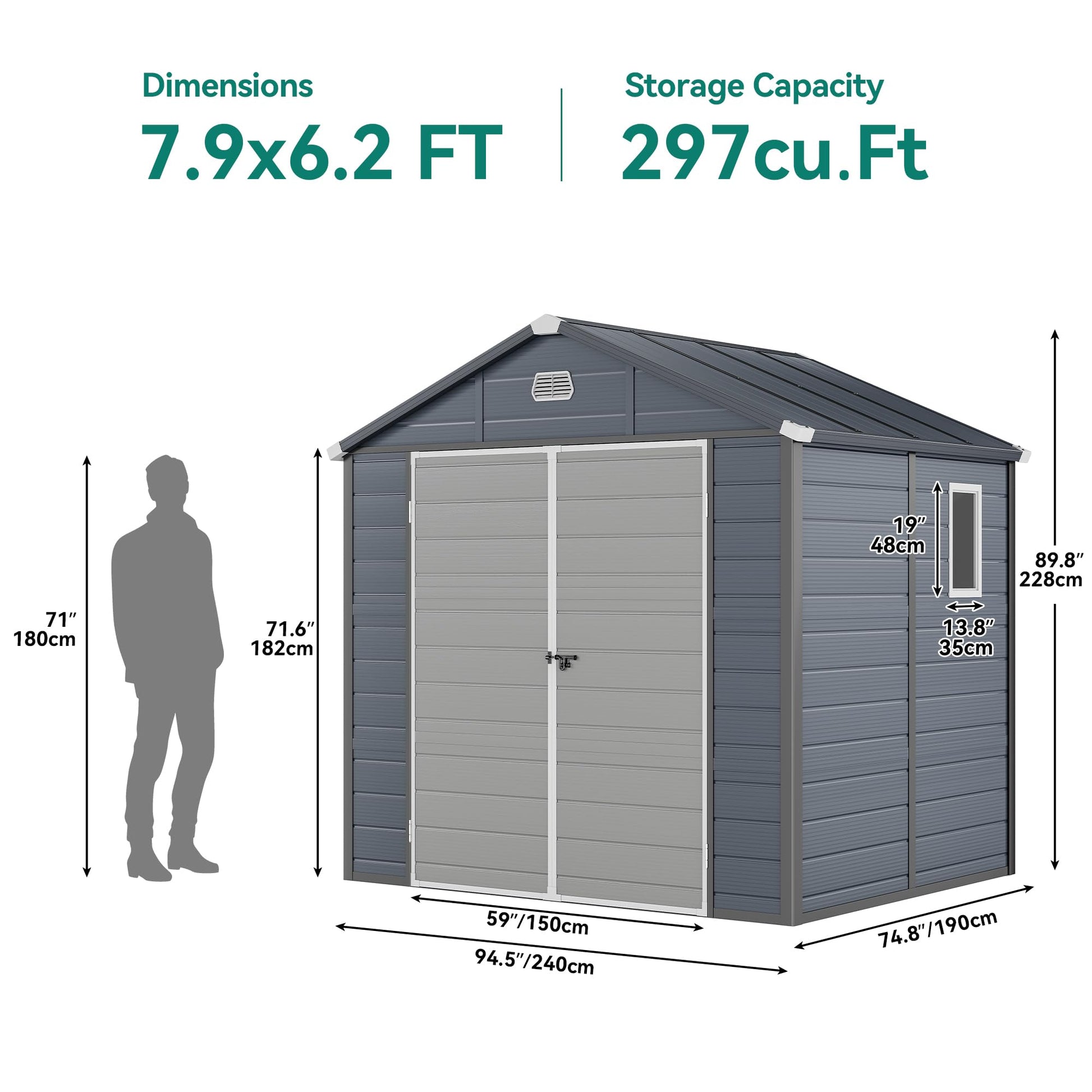 YITAHOME 8x6.2FT Outdoor Resin Storage Shed w/o Floor, All-Weather Plastic Shed with Lockable Doors, Window & Vents, Plastic Tool Shed for Backyard, Patio, Poolside, Lawn, Dark Gray - WoodArtSupply