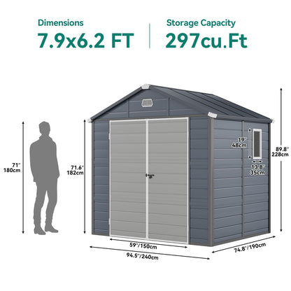 YITAHOME 8x6.2FT Outdoor Resin Storage Shed w/o Floor, All-Weather Plastic Shed with Lockable Doors, Window & Vents, Plastic Tool Shed for Backyard, Patio, Poolside, Lawn, Dark Gray - WoodArtSupply