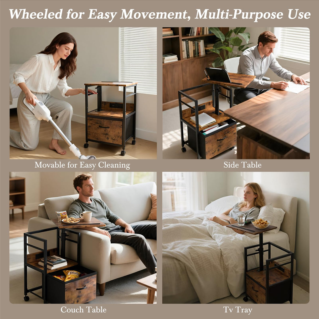 Swivel Lift Top Nightstand with Charging Station, 2-Tier 360° Adjustable Bedside Table, Rolling Night Stand with Wheels, Small End Table with Fabric Drawer, for Bedroom, Living Room, Rustic Brown Faesun