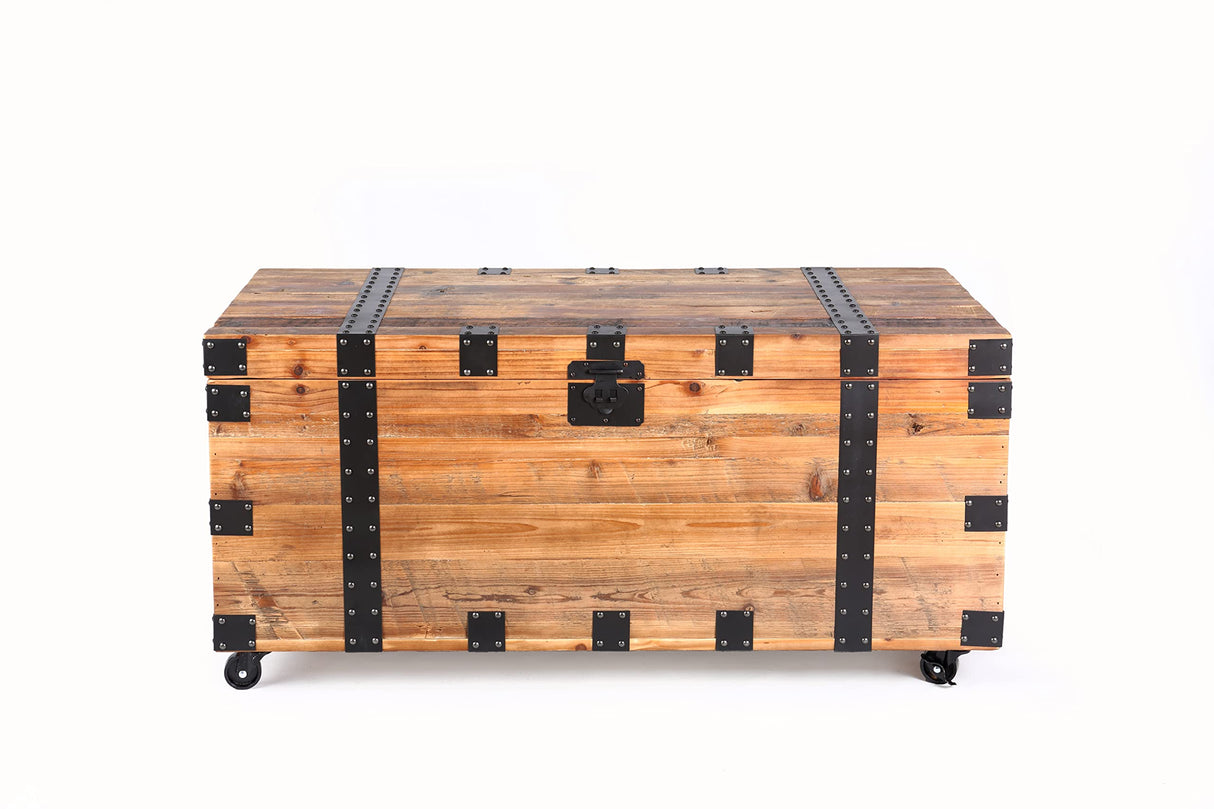 NewCosmos Vintage Reclaimed Fir Wood Storage Trunk – Rustic Charm with Black Metal Accents – No Assembly Required, Optional Wheels Included NewCosmos