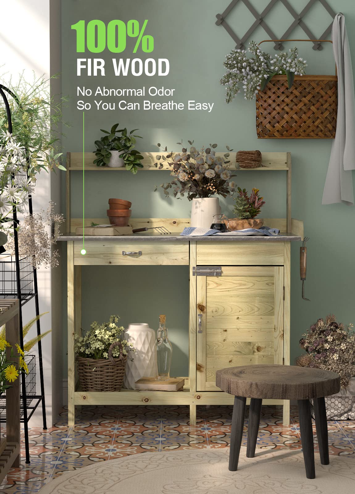 Arnot Wooden Potting Bench Tables, Fir Work Station Table Outdoor Garden Potting Table with Cabinet, Hook, Storage Bottom Shelf,for Garden Supplies ARNOT