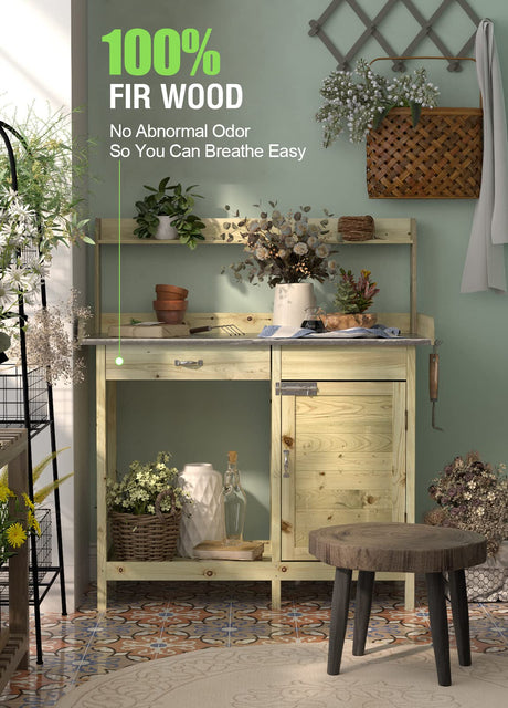 Arnot Wooden Potting Bench Tables, Fir Work Station Table Outdoor Garden Potting Table with Cabinet, Hook, Storage Bottom Shelf,for Garden Supplies ARNOT