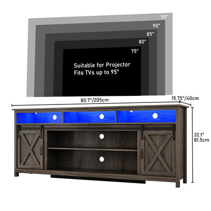 80" LED Farmhouse TV Stand for 90/85/80 Inch TVs,Tall Entertainment Center Storage Cabinets w/Power Outlets and Sliding Barn Door,Rustic TV Stands for Living Room,Media Console Cabinet (Charcoal)