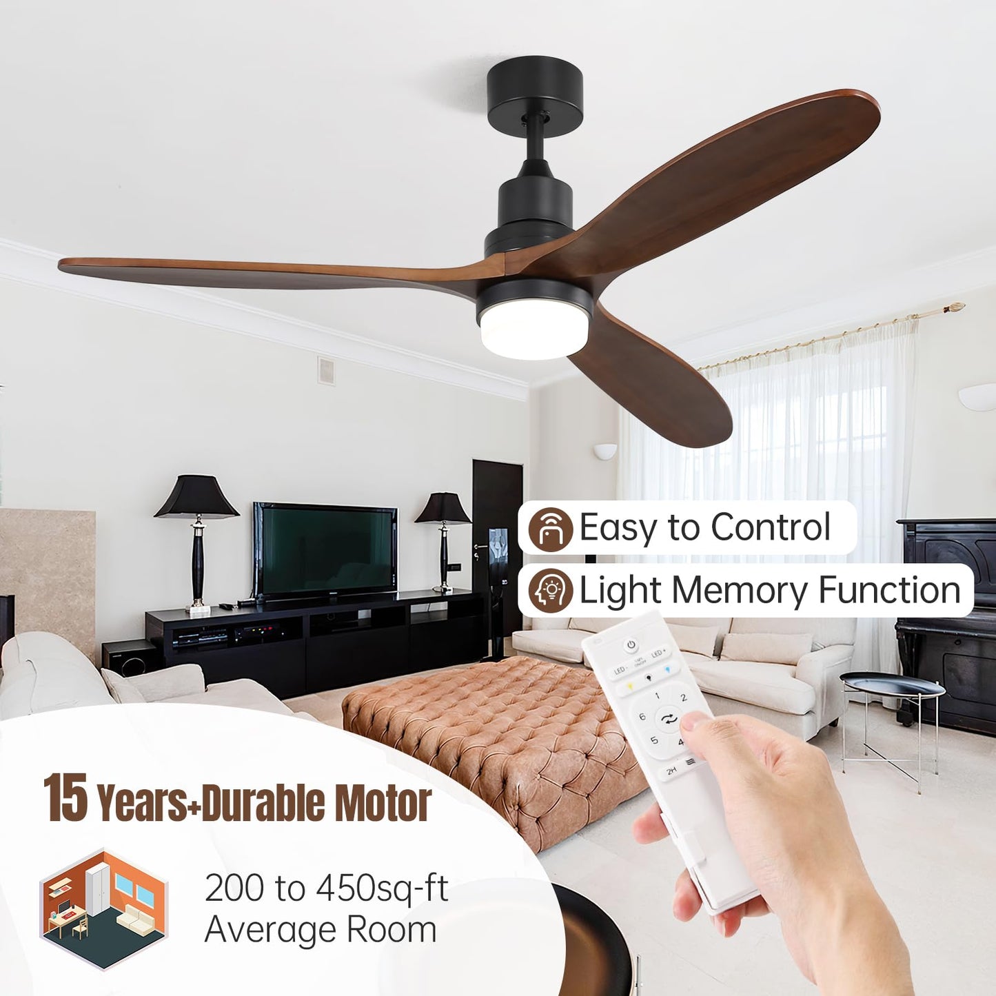 CACI Mall 60" Wood Ceiling Fan with Light,Outdoor for Covered Patios,LED,Remote,Solid Wood,Walnut Blades,Oil Rubbed Bronze Ceiling Fan for Living Room Kitchen Bedroom Family Dining Noiseless