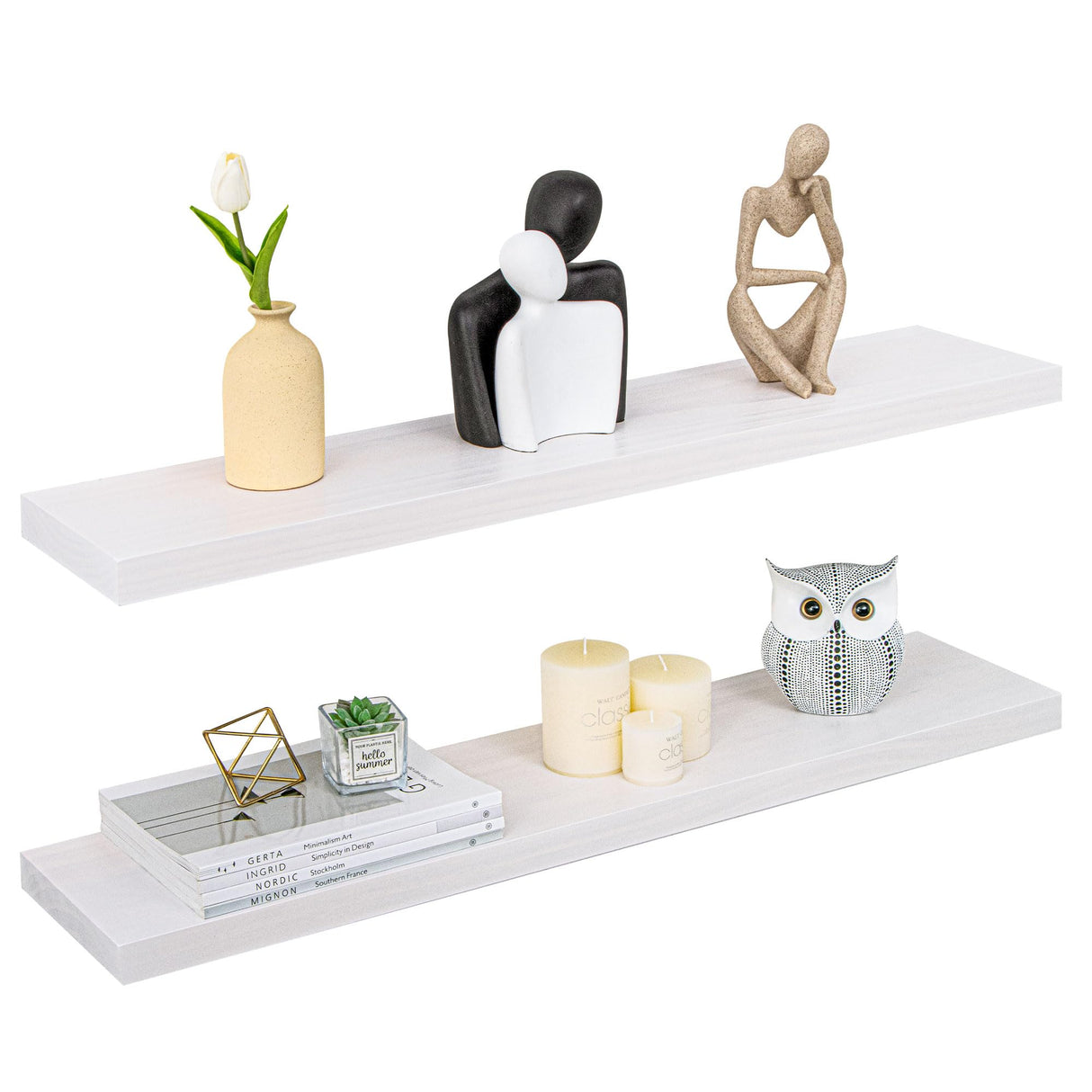 Floating Shelves 36 Inches Long - 8 Inch Deep Rustic Premium Solid Pine Wood for Storage - Farmhouse Wall Mounted for Living Room - Heavy-Duty Metal Bracket - 36" W x 8" D - Set of 2 - White Color Fun Memories