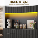 P.H.Furn 71" Pantry Cabinet, Kitchen Storage Cabinet with Drawers & Adjustable Shelf, Microwave Shelf, Kitchen Hutch with LED Light & Outlets for Dining Room/Entry/Hallway (Black) P.H.Furn