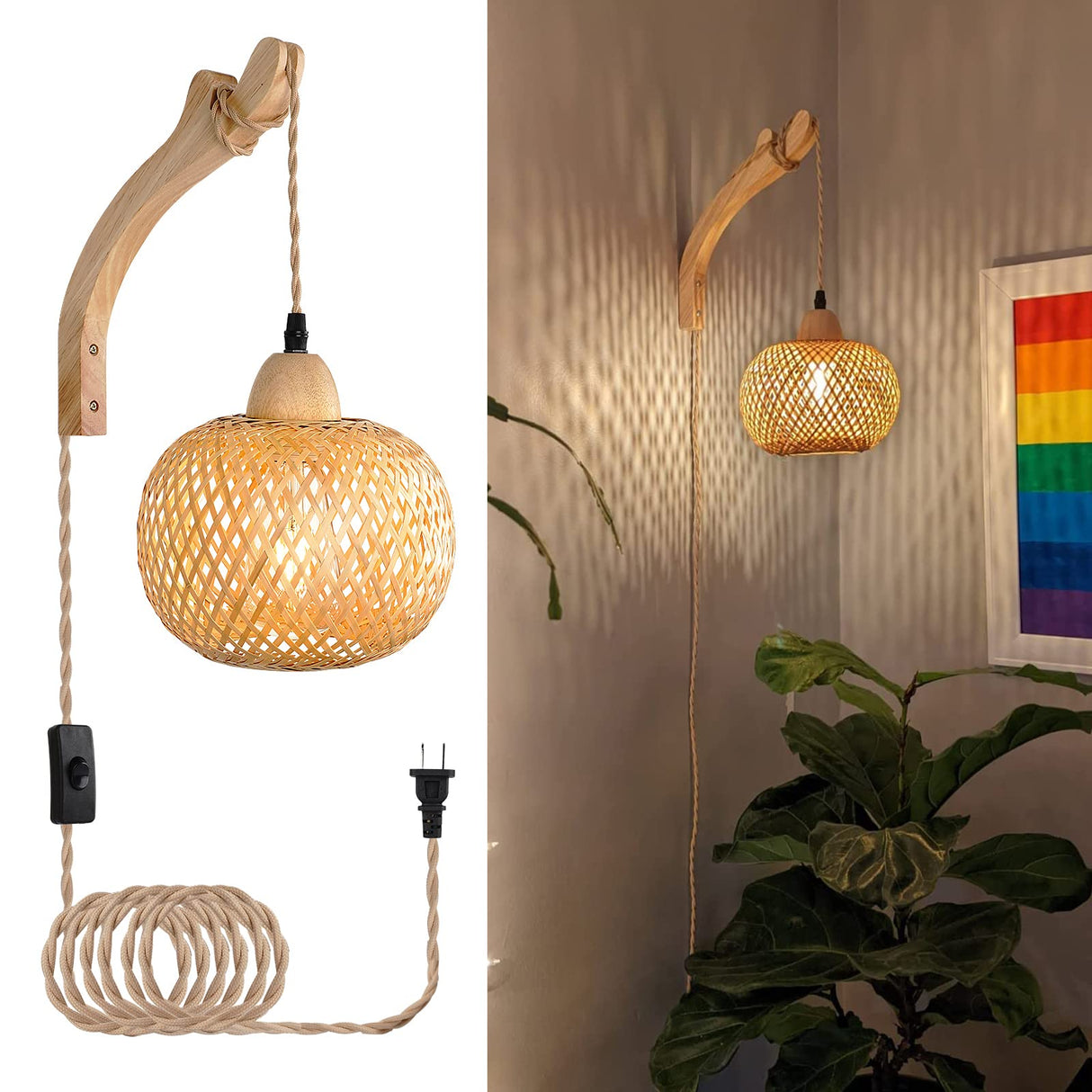 Frideko Bamboo Lantern Plug in Wall Sconces Wicker Wall Lamp with Plug in Cord Hand Woven Rattan Wall Light Farmhouse Rustic Wall Sconces Boho Sconces Wall Lighting for Living Room Bedroom FRIDEKO HOME