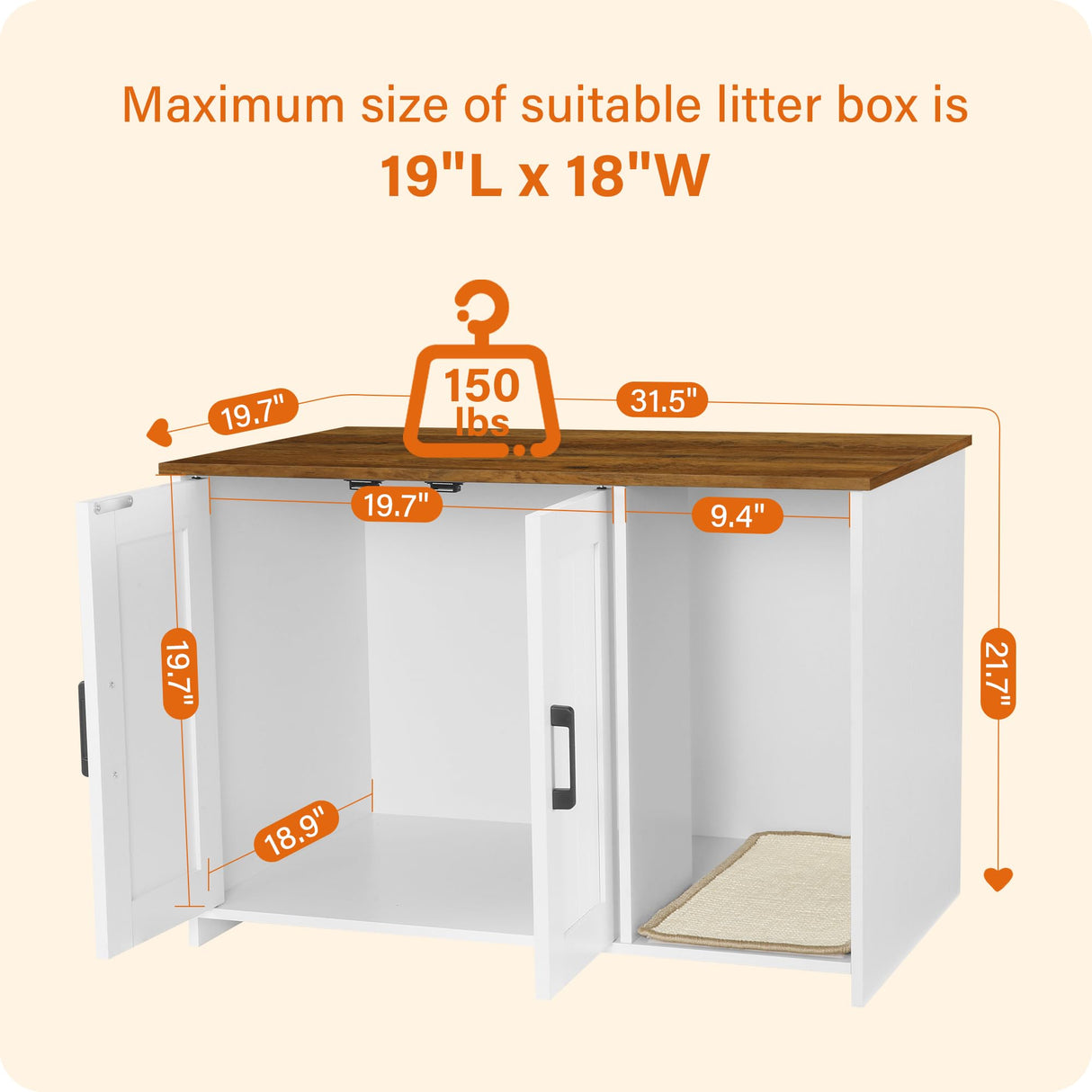 Dwanton Litter Box Enclosure, Cat Litter Box Furniture Hidden, with Scratching Mat, Wooden Cat Washroom Indoor, Fit Most of Litter Box, 31.5" L x 19.7" W x 21.7" H, White + Warm Brown Dwanton