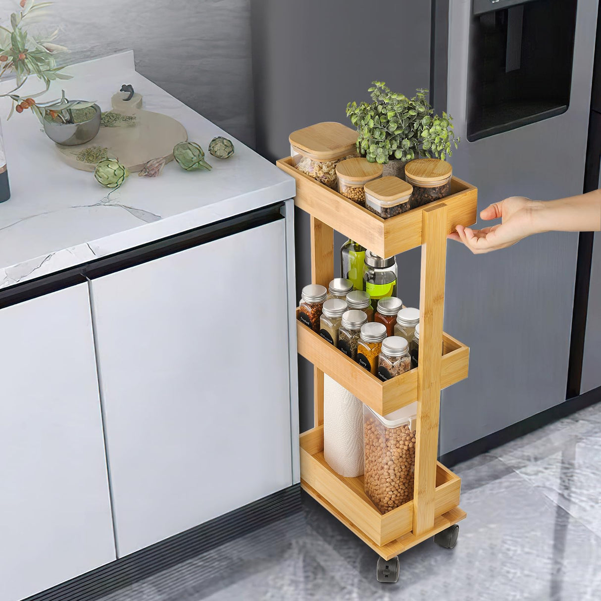 TOPZEA Slim Storage Cart, 3-Tier Bamboo Rolling Utility Cart Standing Rack on Wheel, Mobile Shelving Unit Organizer Serving Trolley Slide Out Cart for Office Bathroom Kitchen Laundry Room(Upgraded) TOPZEA